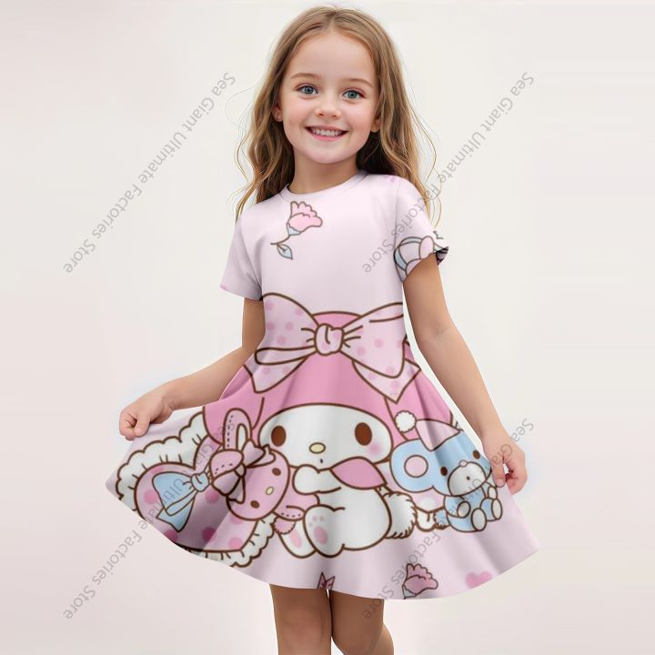 MINISO%20New%20Summer%20Girls%20Dress%20Fashion%20Cartoon%20Cute%20Cinnamoroll%20Hello%20Kitty%203D%20Printing%20Dress%20Kid%20Short%20Sleeve%20Princess%20Clothing%20-%20Image%202