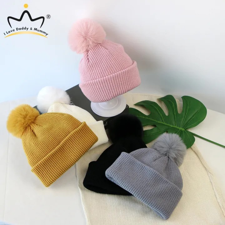 Warm Baby Hat with Soft Pompom - Elastic Children Bonnet