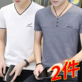Cotton Short SleeveTMen's T-shirtVCollar Ice Silk Ice Feeling Clothes Fashion Trend2023Summer T-shirt Men's Elbow-Sleeved Top. 