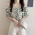 Chiffon Korean Style Polka Dot French Style Short Sleeve New Puff Sleeve Summer Shirt Top off-Shoulder Floral Western Style Youthful-Looking. 