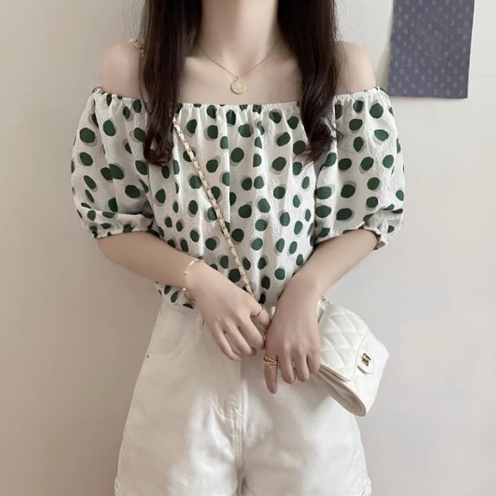 Chiffon%20Korean%20Style%20Polka%20Dot%20French%20Style%20Short%20Sleeve%20New%20Puff%20Sleeve%20Summer%20Shirt%20Top%20off-Shoulder%20Floral%20Western%20Style%20Youthful-Looking%20-%20Image%205