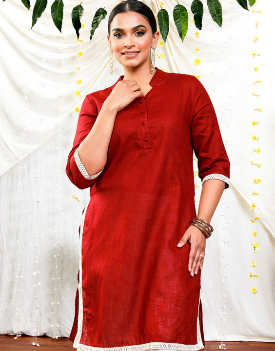 Spring & Summer Chinese Collared Kurtha with Lace Details