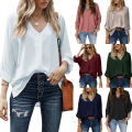 Yfashion Women Summer Loose Shirt V Neck Long Sleeve Roll Up Sleeve Solid Color Tunic Tops Business Casual Shirts Work Tops. 