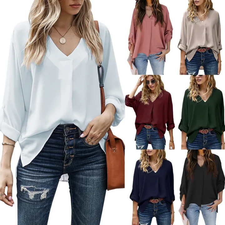 Yfashion%20Women%20Summer%20Loose%20Shirt%20V%20Neck%20Long%20Sleeve%20Roll%20Up%20Sleeve%20Solid%20Color%20Tunic%20Tops%20Business%20Casual%20Shirts%20Work%20Tops%20-%20Image%208