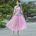 Spring and Summer New Slim Fit Republic of China Style Retro Girl Half Sleeve Top Style Chinese Dress Cheongsam Two-Piece Suit Tea Clothes. 