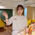 Super Hot cec Short Sleeve T Women's Summer T-shirt 2024 New Korean Style Fresh Rainbow Striped Loose Top ins Tide. 