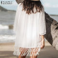 【FOOT SOFA】Womens Solid V-Neck 3/4 Sleeve Dress Holiday Beach Tassel Patchwork Mini Sundress #15. 