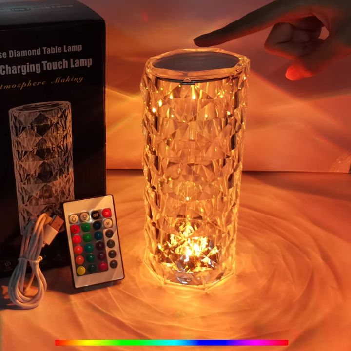 Diamond Crystal Table Lamp, 16 Colors Type-C USB Charging Touch Lamp Bedside Light with Remote Control, Acrylic Rose Rays LED Halloween Lights for Bedroom/Bar/Restaurant