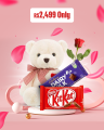 Romantic (Valentine’s Offer) Gift Box – Teddy Bear, Red Rose, Cadbury Dairy Milk, and KitKat. 