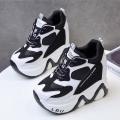【BestGO】Girl 12.5cm/4.9 Height Chunky Sneakers Thick Bottom High Heels Breathable Mesh Wedge Shoes Woman Fashion Women ShoesDaddy shoes new all-match color matching thick-soled platform white shoes. 