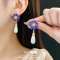 Silver Needle Flower Drop Oil Rhinestone Pearl Earrings French High Sense Water Drop Earrings Retro Affordable Luxury Graceful Earrings Female. 