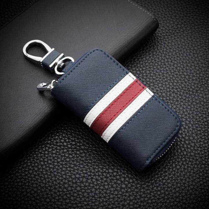 Leather Striped Zipper Bag Car Key Case Universal Personalized Customized Remote Control Case for Men and Women (Blue)