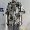 Hong kong style retro ulzzang Short Sleeve Printed Shirt Men's Harajuku Style Loose ins Shirt Beach Couple Sun-Protective Clothing Tide. 