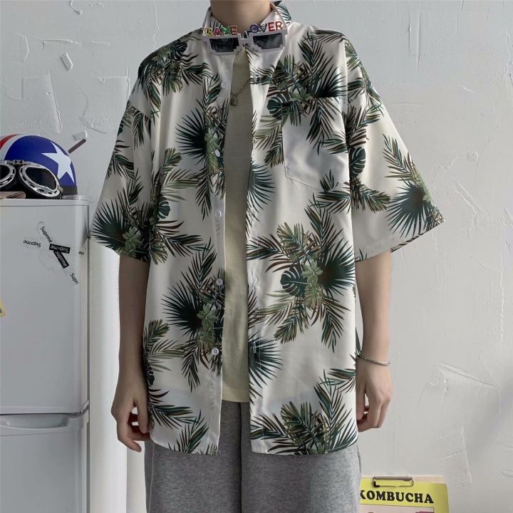 Hong%20kong%20style%20retro%20ulzzang%20Short%20Sleeve%20Printed%20Shirt%20Men's%20Harajuku%20Style%20Loose%20ins%20Shirt%20Beach%20Couple%20Sun-Protective%20Clothing%20Tide%20-%20Image%202