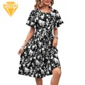 Soft Fabric Summer Dress Floral Print A-line Midi Dress with Lace-up Detail for Women Summer Fashion in Asia Summer Floral Print Dress. 