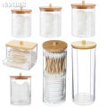 Storage Box Bathroom Jar Makeup Organizer Cotton Pad Holder Cotton Holder Dispenser with Bamboo Lid Clear Plastic. 