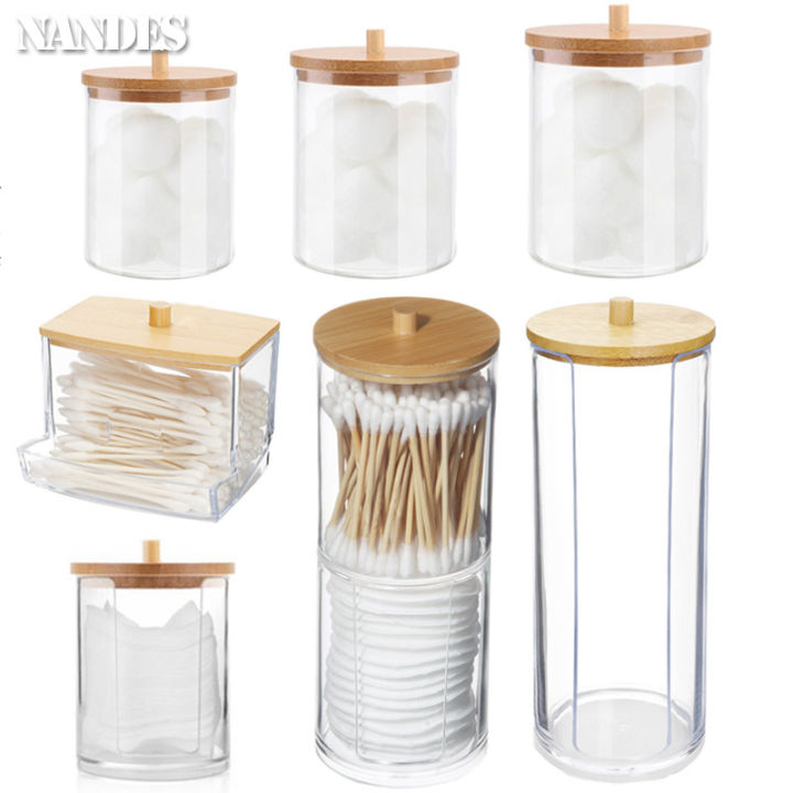 Storage Box Bathroom Jar Makeup Organizer Cotton Pad Holder Cotton Holder Dispenser with Bamboo Lid Clear Plastic