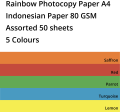 A4 Rainbow 50 Sheets Pack with 5 Colours 80 GSM Indonesian Colour Photocopy Papers. 