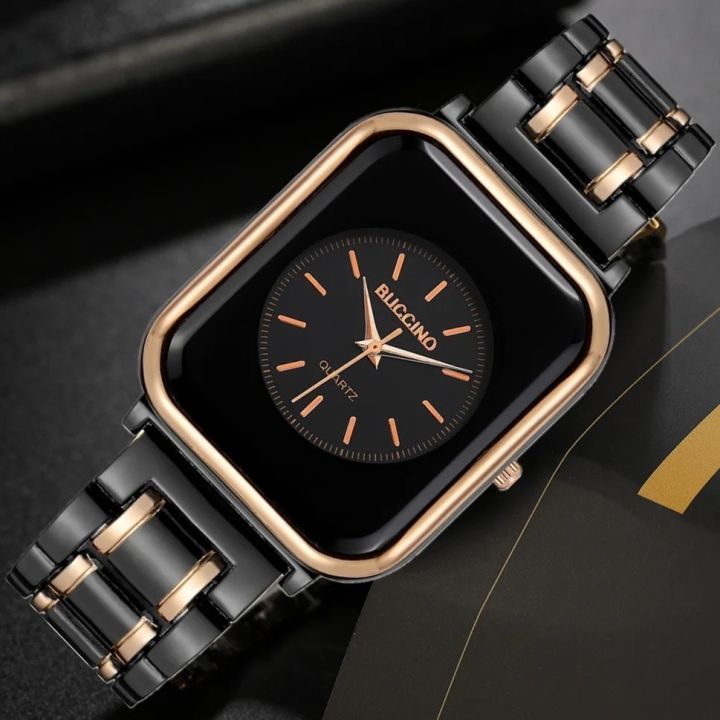 Black & Bronze Two Tone Mix Stainless Steel Luxury Unisex Watch Quartz Analog Business Chain Casual Wrist Dial Square Watches For Men Women Boys Girls Gents Ladies