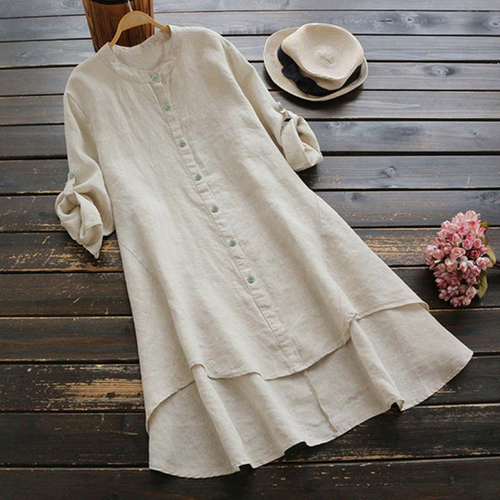 Women's Spring Solid Cotton Linen Shirt Dress Ladies Loose Dress Long Tops  Blouse Plus Size Clothes Clothing 2024 | Daraz.lk