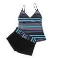 Women Two Piece Tankinis Swimsuit, Stripe Pattern V-neck Spaghetti Straps Tops Middle Waist Patchwork Pantie. 