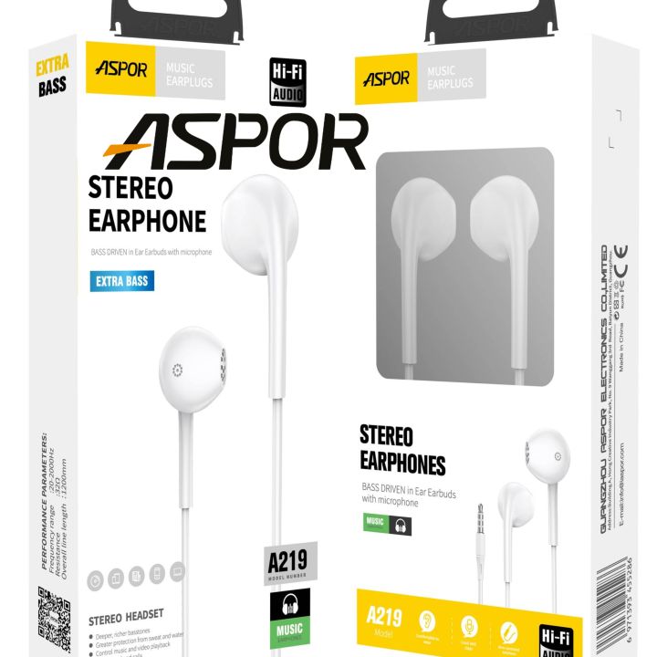 ASPOR A219 Quality Music Earphone With Mic For Mobile Phone Universal 3.5mm Noise Canceling Stereo Hands-free Headphones