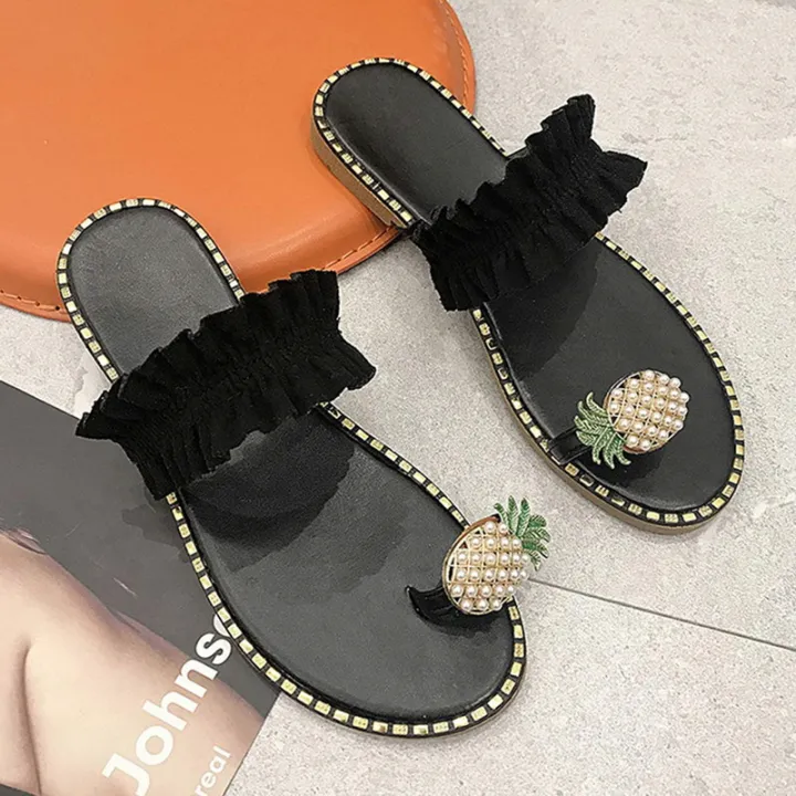 【BestGO】Women Slipper Pineapple Pearl Flat Toe Casual Beach Sandals Ladies Shoes Platform  Designer Black Slides
