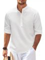Cotton Linen Men's Long-Sleeved Shirts Spring Autumn Solid Color Stand-Up Collar Casual Beach Style Plus Size S-5XL. 
