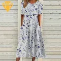 Printed Midi Dress Floral Print O Neck A-line Midi Dress with Pockets for Women Soft Breathable Summer Daily Wear Style Elegant Round Neck Dress. 