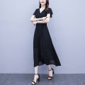 bellylady Women  Dress Fashion V-neck Short-sleeve Skirt Solid Color Waist-ing Long Skirt color. 