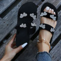 2023 Oversized Shoes New Summer Slope Heel Thick Sole Slippers One Line Rhinestone Women's Sandals Women's Shoes. 