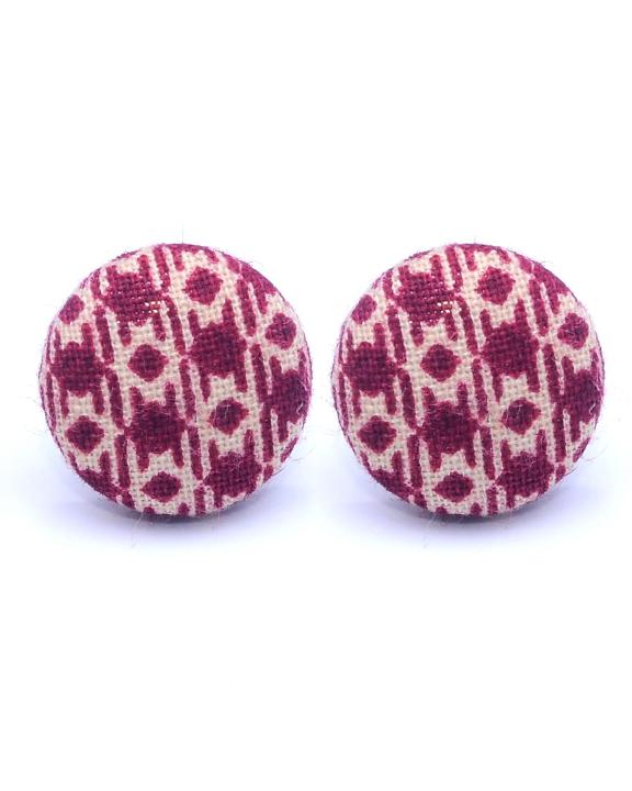 Women's Button Earings-Marroon & White Print