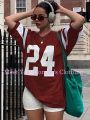 Women Number 24Print Round Neck Short Sleeve T-Shirt Summer 3 colorsTee Baseball Jerseys Stripe Oversized Sport T-Shirt. 