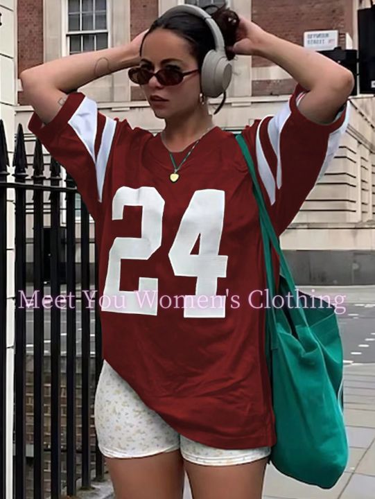 Women%20Number%2024Print%20Round%20Neck%20Short%20Sleeve%20T-Shirt%20Summer%203%20colorsTee%20Baseball%20Jerseys%20Stripe%20Oversized%20Sport%20T-Shirt%20-%20Image%202
