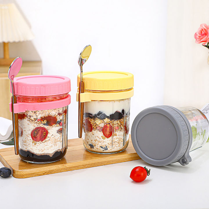 【New-store】 2pcs 12oz Overnight Oats Container Airtight Oatmeal Jars With Lid And Spoon Portable Overnight Oatmeal Cup Reusable