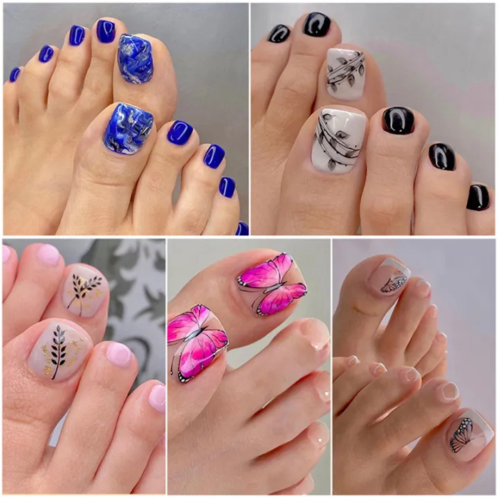 24Pcs/Box Fake Toenails French Line Glitter False Toe Nails Art Detachable Press On Toenails Acrylic Manicure Toe Tip ZHANGNA