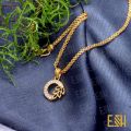 ESH Gold plated Guaranteed Stylish 02mm Bismark Chain Beautiful Design With Leef Round Fixed Stone Pendant. 