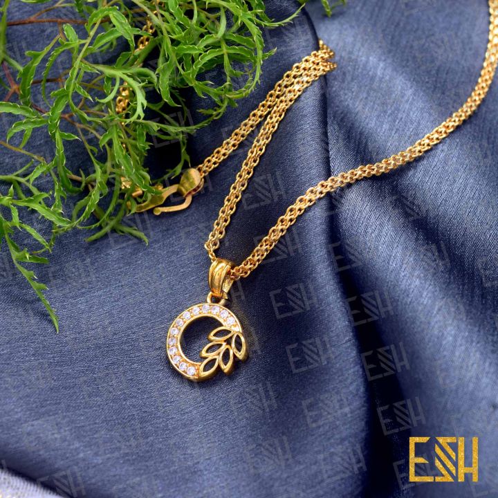 ESH%20Gold%20plated%20Guaranteed%20Stylish%2002mm%20Bismark%20Chain%20Beautiful%20Design%20With%20Leef%20Round%20Fixed%20Stone%20Pendant%20-%20Image%203