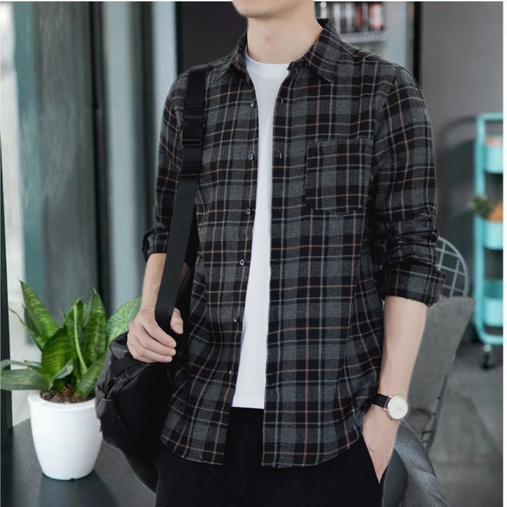 Spring and Autumn New Korean Style Plaid Shirt Men's Youth Long-Sleeved Shirt Large Size All-Matching Men's Clothing Leisure Shirt Fashion