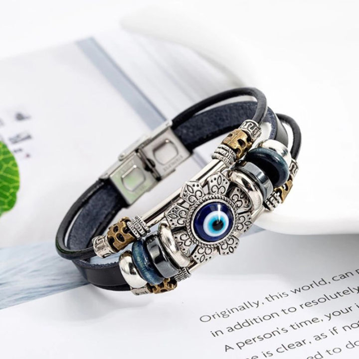 Turkish Lucky Evil Eye Bracelet for Men Jewelry Accessories Handmade Multilayer Beaded Black Punk Leather Bracelets for Women ANLAN