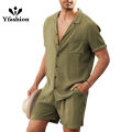 Men Linen Shirt Shorts Set Summer Loose Casual Short Sleeve Lapel Cardigan Tops Shorts Suit. 
