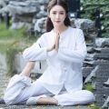 Cotton and Linen Yoga Clothes Suit Spring and Summer New Tai Ji Suit Morning Exercise Clothes Two-Piece Set Solid Color plus Size Loose Zen Tea Gown. 