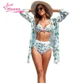 Muses Mall Quick-drying Bikini Set 3-piece Leaf Print Bikini Cardigan Set for Women High Waist Swimsuit with Quick Dry Lace-up Bra Beachwear for Water Sports Women Swimsuit Set. 