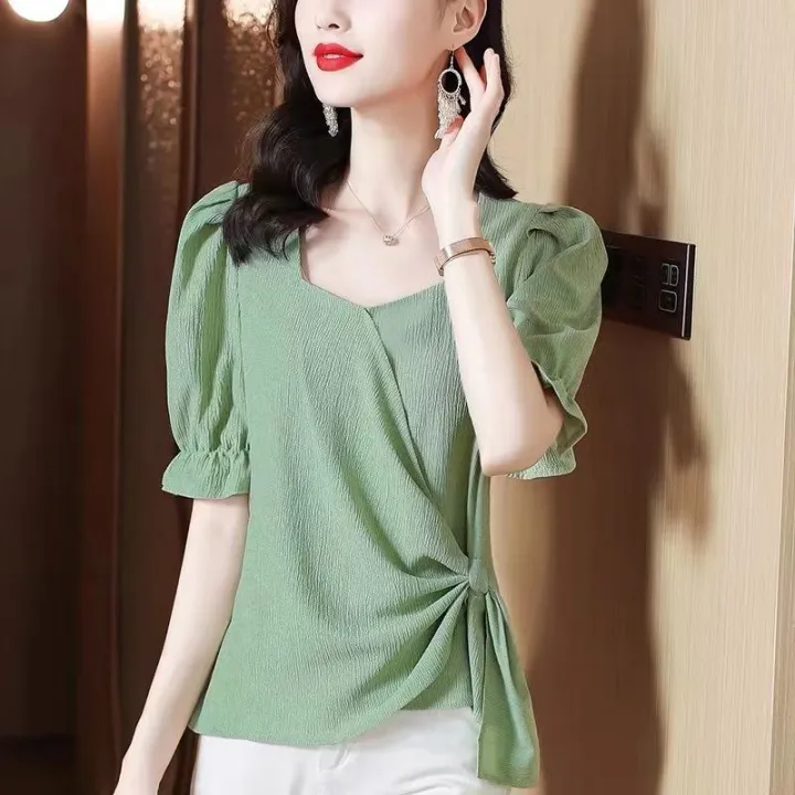 2024%20Fashion%20Design%20Korean%20Shirt%20Female%20New%20Summer%20Plus%20Size%20Chiffon%20Fabric%20Casual%20Slim%20Short-sleeved%20Shirts%20Women%20-%20Image%203