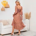 Lady Long Dress Floral Print Square Neck Midi Dress Long Sleeve A-line Spring Fall Dress for Women Backless Patchwork Hem Pleated Dress with Elastic Bust Fashion Spring Chiffon Dress. 