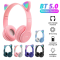 P47M Cute Fashion Cat Ears Wireless Headphones Flash Light LED RGB Gaming Bluetooth Headset For Girl Kids Foldable Earphones Gift P47 PRM. 