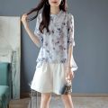 Chinese Style Printed Chiffon Shirt Female Summer Fashion Round Neck New Chic Design Casual OL Thin Shirts. 