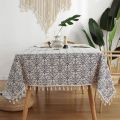 【Direct-sales】 60*60cm Soft With Tassels Blue and White Porcelain Tablecloth Classic Washable Linen Cotton Tablecloth Thicker Vintage Table Cover Table Decorations.