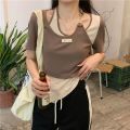 New Irregular T-shirt For Women's Summer Contrast Top Fashion Style Slim Fit Slimming Tee Trend. 