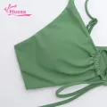 Muses Mall Lace-up Hollow Swimsuit Lace-up Bikini Set with High Waist Briefs Solid Color Split Design Swimwear for Women 2pcs/set Bikini Set. 